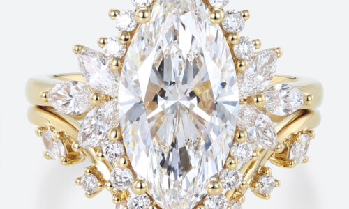 Marquise Cut Lab Grown Diamond Rings​ Set 3ct Floral Halo Ring Set in Yellow Gold