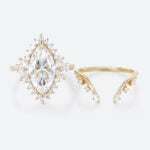 Marquise Cut Lab Grown Diamond Rings​ Set 3ct Floral Halo Ring Set in Yellow Gold