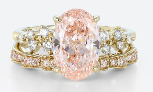 3ct Oval Cut Pink Diamond Ring Set | Art Nouveau 4-Claw Bridal Rings in Yellow Gold
