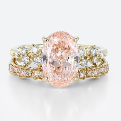 3ct Oval Cut Pink Diamond Ring Set | Art Nouveau 4-Claw Bridal Rings in Yellow Gold