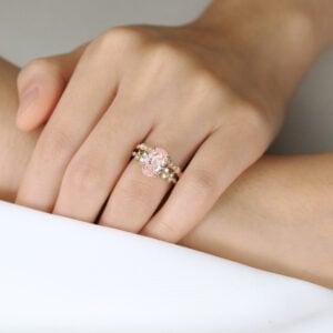 3ct Oval Cut Pink Diamond Ring Set | Art Nouveau 4-Claw Bridal Rings in Yellow Gold