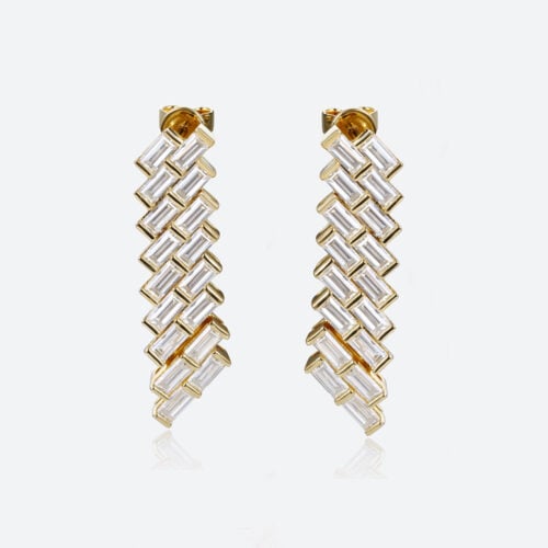 Baguette Cut Lab Grown Diamond Modern Geometric Stud Drop Earrings in Yellow Gold
