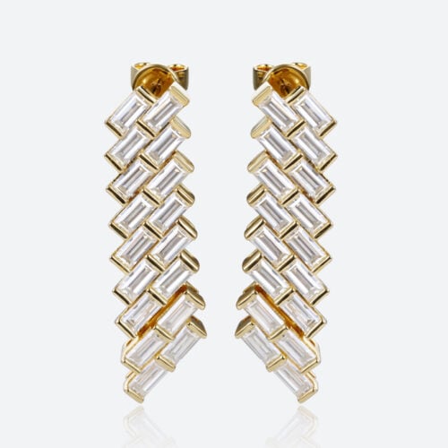 Yellow Gold Stud Earrings Baguette Cut Lab Diamond Modern Geometric Stud Drop Earrings