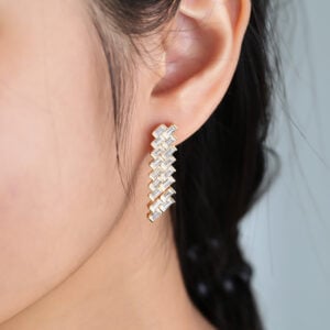 Yellow Gold Stud Earrings Baguette Cut Lab Diamond Modern Geometric Stud Drop Earrings