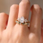 Yellow Gold Pear Moissanite Promise Ring Set 1.7ct Floral Cluster Bridal Ring with Nature Inspired Leaf Ring