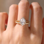 Pear Halo Moissanite Ring Yellow Gold Vintage Moissanite Bridal Ring Sets