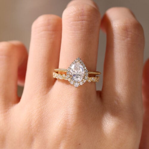 Pear Halo Moissanite Ring Yellow Gold Vintage Moissanite Bridal Ring Sets
