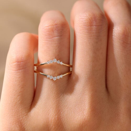 White Gold Round Cut Lab Diamond Rings Double Curved Wedding Bands