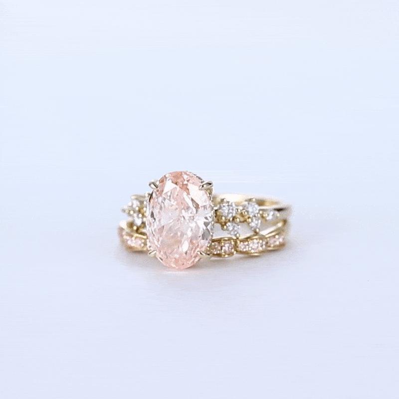 3ct Oval Cut Pink Diamond Ring Set | Art Nouveau 4-Claw Bridal Rings in Yellow Gold