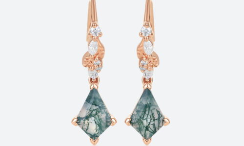Vine Drop Earrings Kite Cut Moss Agate Dainty Earrings with Lab Diamond Accents in Rose Gold