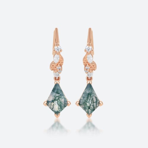 Vine Drop Earrings Kite Cut Moss Agate Dainty Earrings with Lab Diamond Accents in Rose Gold