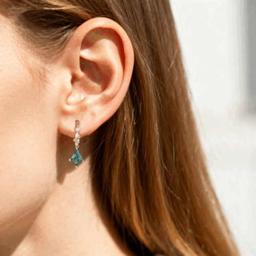 Vine Drop Earrings Kite Cut Moss Agate Dainty Earrings with Lab Diamond Accents in Rose Gold