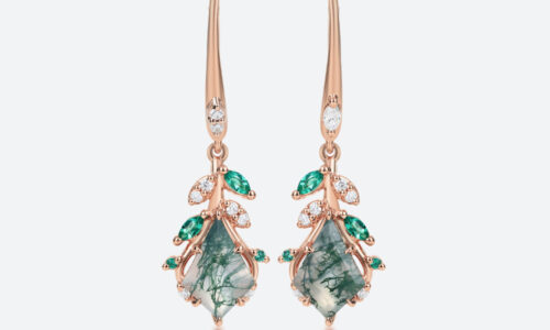 1.5ct Kite Cut Moss Agate Drop Earrings with Leaf & Bud Accents in Rose Gold
