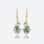 1.5ct Kite Cut Moss Agate Drop Earrings with Leaf & Bud Accents in Yellow Gold