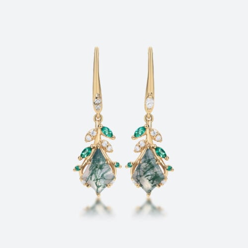 1.5ct Kite Cut Moss Agate Drop Earrings with Leaf & Bud Accents in Yellow Gold