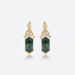 1.3ct Long Hexagon Cut Moss Agate Vintage-Inspired Lever Back Earrings in Yellow Gold