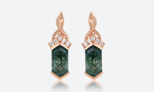 1.3ct Long Hexagon Cut Moss Agate Vintage-Inspired Lever Back Earrings in Rose Gold