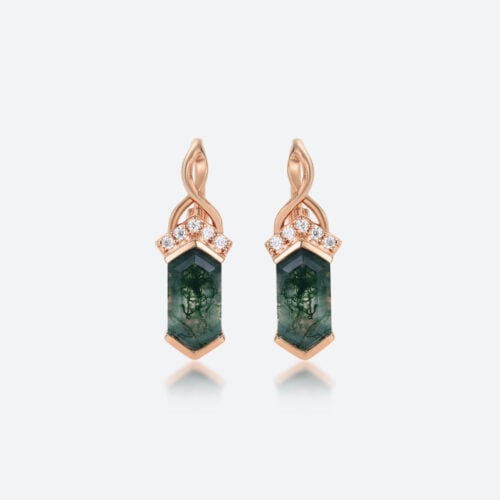1.3ct Long Hexagon Cut Moss Agate Vintage-Inspired Lever Back Earrings in Rose Gold