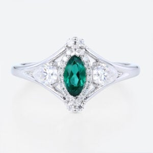 0.25ct Marquise Cut Emerald Engagement Rings​ Art Deco Inspired Ring in White Gold