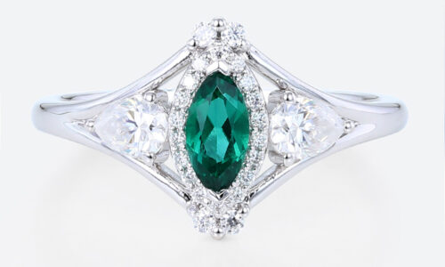 0.25ct Marquise Cut Emerald Engagement Rings​ Art Deco Inspired Ring in White Gold