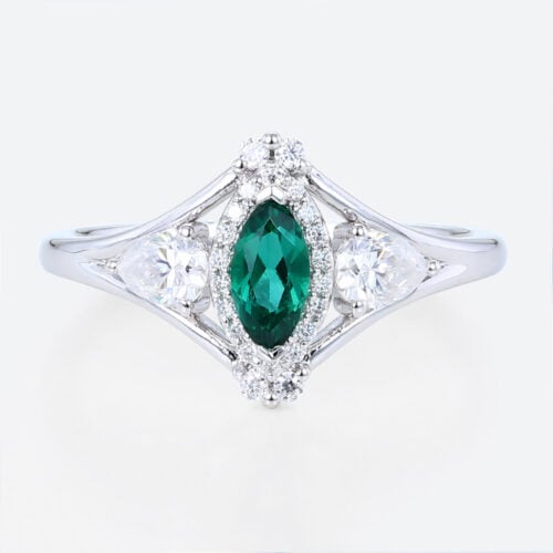 0.25ct Marquise Cut Emerald Engagement Rings​ Art Deco Inspired Ring in White Gold
