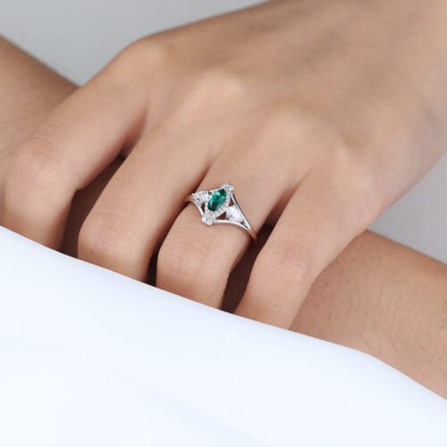 0.25ct Marquise Cut Emerald Engagement Rings​ Art Deco Inspired Ring in White Gold