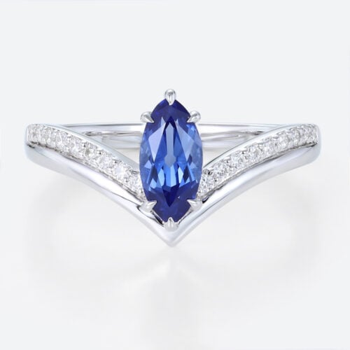 0.8ct Marquise Cut Lab Sapphire Ring Chevron Pavé Engagement Rings in White Gold