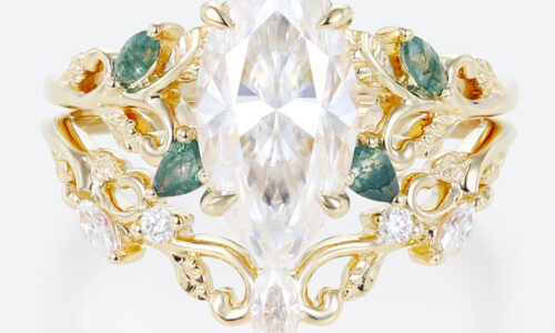 2ct Marquise Moissanite Ring Set with Nature-Inspired Scrollwork in Yellow Gold