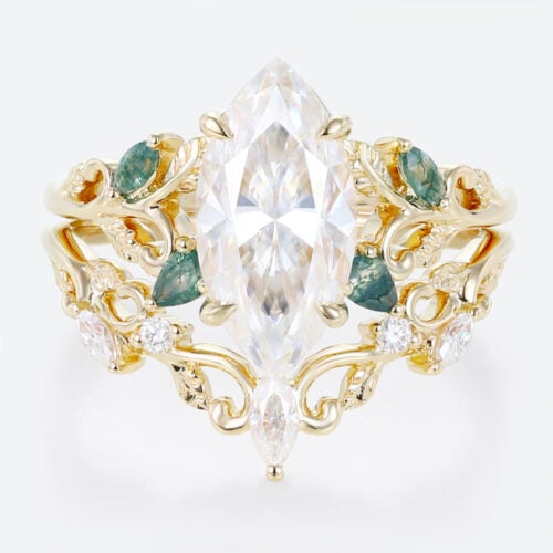 2ct Marquise Moissanite Ring Set with Nature-Inspired Scrollwork in Yellow Gold