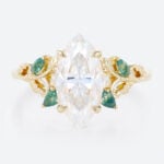 2 Carat Marquise Cut Moissanite Ring with Scrollwork Leaf Accents in Yellow Gold