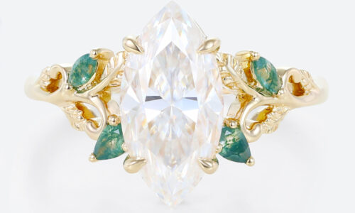 2 Carat Marquise Cut Moissanite Ring with Scrollwork Leaf Accents in Yellow Gold