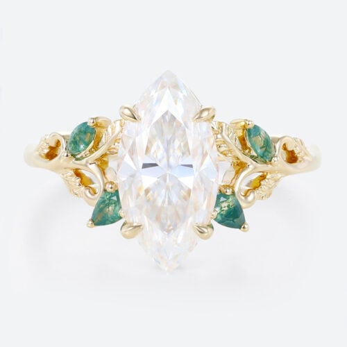 2 Carat Marquise Cut Moissanite Ring with Scrollwork Leaf Accents in Yellow Gold