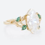 2 Carat Marquise Cut Moissanite Ring with Scrollwork Leaf Accents in Yellow Gold