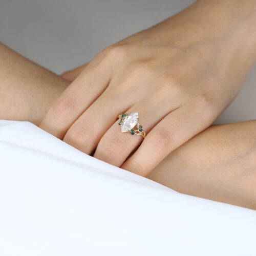 2 Carat Marquise Cut Moissanite Ring with Scrollwork Leaf Accents in Yellow Gold