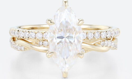 1.5ct Marquise Moissanite Pavé Ring Set with Fully Twisted Band in Yellow Gold
