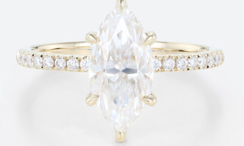 1.5ct Marquise Moissanite Ring Pavé Engagement Rings 6-Claw Prong in Yellow Gold
