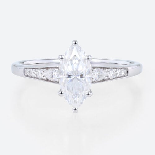 1ct White Gold Moissanite Engagement Rings​ Marquise Cut Tapered Cluster Bridal Ring