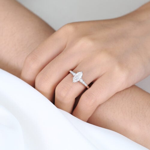 1ct White Gold Moissanite Engagement Rings​ Marquise Cut Tapered Cluster Bridal Ring