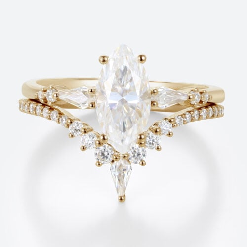 Marquise Moissanite Wedding Ring Sets Unique V-Band Stacking Set in Yellow Gold