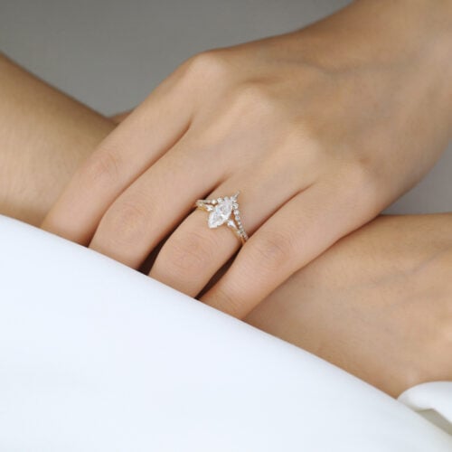 Marquise Moissanite Wedding Ring Sets Unique V-Band Stacking Set in Yellow Gold