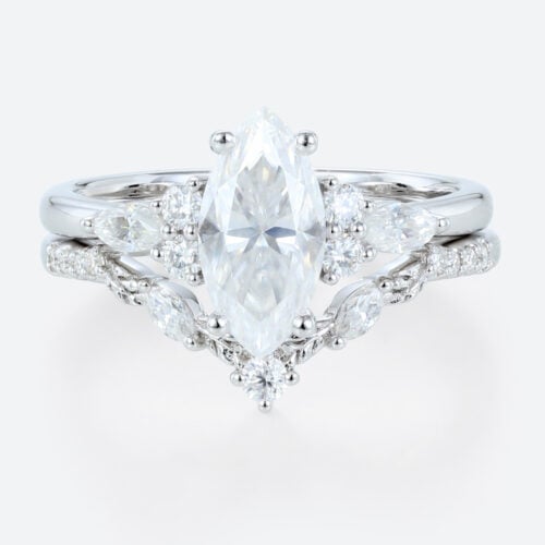 1ct Marquise Moissanite Ring Set with Vintage Curved Wedding Band in White Gold