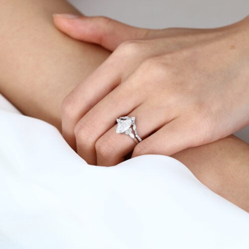 1ct Marquise Moissanite Ring Set with Vintage Curved Wedding Band in White Gold