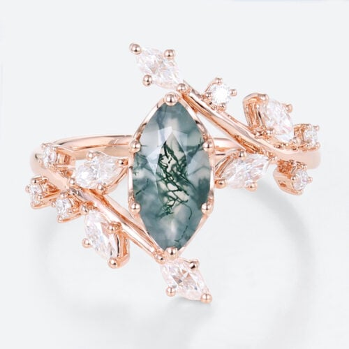 1ct Marquise Moss Agate Engagement Ring Botanical Bridal Ring in Rose Gold