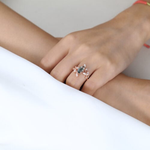 1ct Marquise Moss Agate Engagement Ring Botanical Bridal Ring in Rose Gold