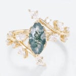 1ct Marquise Moss Agate Engagement Ring Botanical Bridal Ring in Yellow Gold