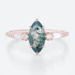 0.9ct Marquise Moss Agate Ring Unique Bridal Ring with Diamond Accents in Rose Gold