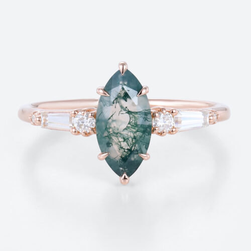 0.9ct Marquise Moss Agate Ring Unique Bridal Ring with Diamond Accents in Rose Gold