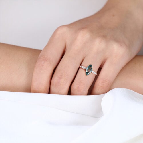 0.9ct Marquise Moss Agate Ring Unique Bridal Ring with Diamond Accents in Rose Gold