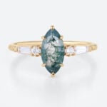 0.9ct Marquise Moss Agate Ring Unique Bridal Ring with Diamond Accents in Yellow Gold
