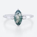 0.9ct Marquise Moss Agate Ring Unique Bridal Ring with Diamond Accents in White Gold